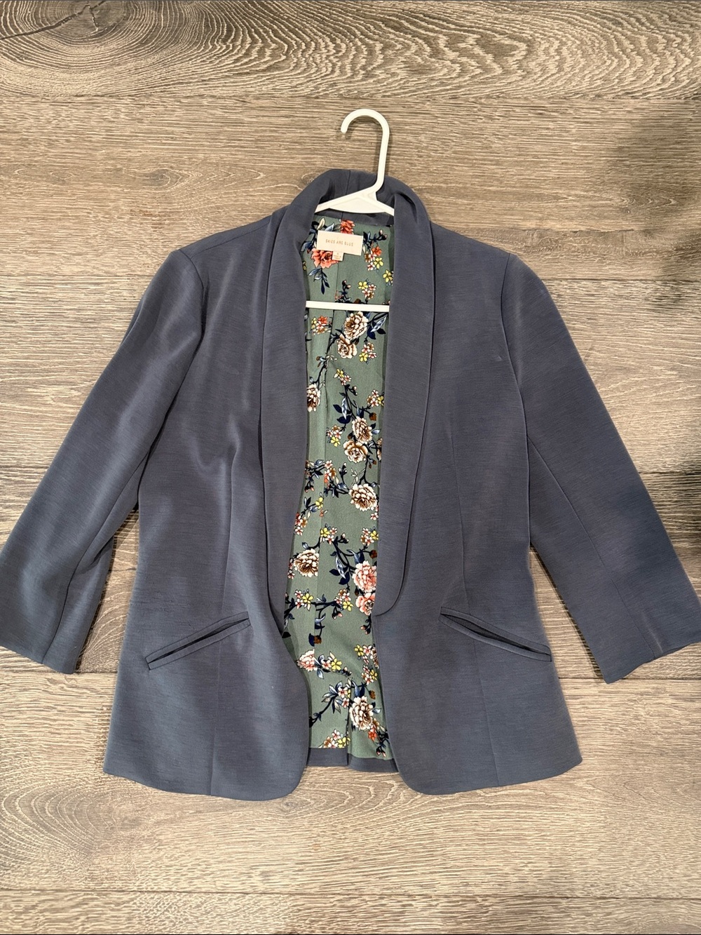 Skies Are Blue Slate Blue Open-Front Shawl Collar Blazer with Floral Lining